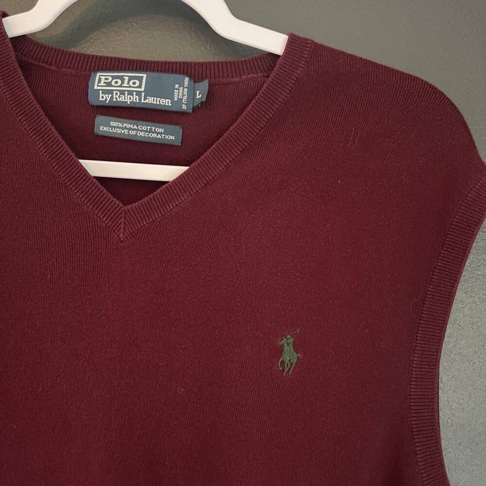 Polo Ralph Lauren Vest Mens L Burgundy 100% Pima Cotton Italian V Neck Pony